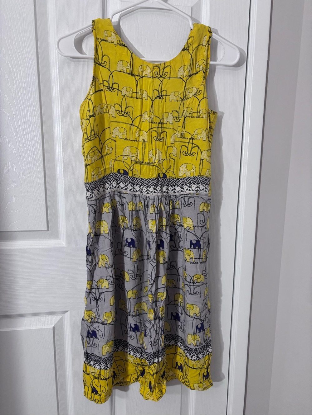 Global Desi Yellow and Gray Elephant-Print Kids Sundress